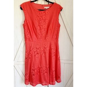 Sandra Darren Coral Pink Lace Overlay Fit Flare Dress Women 12 Sleeveless Floral